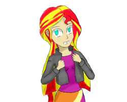 Size: 1280x1028 | Tagged: safe, artist:zoomya, sunset shimmer, equestria girls, clothes, leather jacket, skirt, solo, traditional art