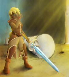 Size: 848x942 | Tagged: safe, artist:manearion, applejack, dark skin, humanized, sword, warrior