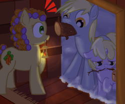 Size: 600x500 | Tagged: safe, artist:a6p, carrot top, derpy hooves, dinky hooves, golden harvest, pegasus, pony, ask dinky doo, female, hair curlers, lantern, log, mare, saddle bag, shivering, sleepy, snow, twig