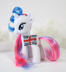 Size: 734x800 | Tagged: safe, artist:salemsparkler, rarity, oc, oc:britannia (uk ponycon), pony, unicorn, brushable, custom, female, flag, mare, race swap, toy, uk ponycon, union jack