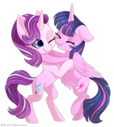 Size: 2878x3206 | Tagged: safe, artist:scarlet-spectrum, starlight glimmer, twilight sparkle, twilight sparkle (alicorn), alicorn, pony, unicorn, bipedal, cute, eyes closed, female, glimmerbetes, hug, lesbian, mare, one eye closed, shipping, simple background, teacher and student, transparent background, twiabetes, twistarlight