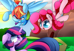 Size: 1024x701 | Tagged: safe, artist:madacon, derpibooru import, edit, pinkie pie, rainbow dash, twilight sparkle, earth pony, pegasus, pony, group