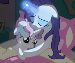 Size: 1200x1000 | Tagged: safe, artist:ponyecho, rarity, sweetie belle, pony, unicorn, bed, bed mane, comforting, crying, cute, eyes closed, female, filly, floppy ears, frown, glowing horn, heartwarming, holding, hug, light, magic, mama rarity, mare, nightmare, sad, scared, show accurate, sisters, smiling, story in the comments, sweet dreams fuel