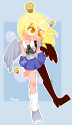 Size: 1000x1727 | Tagged: safe, artist:nm, derpy hooves, human, belly button, clothes, cupcake, fingerless gloves, gloves, humanized, midriff, muffin, necktie, pixiv, skirt, socks, solo, winged humanization