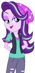 Size: 327x672 | Tagged: safe, artist:thebar, starlight glimmer, equestria girls, mirror magic, spoiler:eqg specials, beanie, bedroom eyes, clothes, female, hands behind back, hat, open mouth, simple background, solo, torn clothes, transparent background, vector, vest