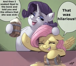 Size: 1280x1122 | Tagged: safe, alternate version, artist:kevinsano, fluttershy, opalescence, rarity, pegasus, pony, unicorn, sweet and elite, cider, drunk, drunk rarity, drunkershy, laughing flarity, laughingmares.jpg, speech bubble, spilled drink, text