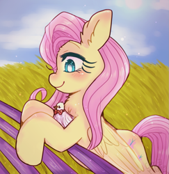 Size: 859x883 | Tagged: safe, artist:psychocat-h, fluttershy, bird, pegasus, pony, fence, solo