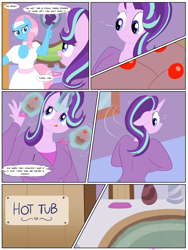 Size: 1620x2160 | Tagged: safe, artist:necrofeline, lotus blossom, starlight glimmer, anthro, earth pony, unicorn, comic:the booty trap 5, series:the booty trap, ..., clothes, comic, cupcake, dialogue, female, food, glowing horn, hot tub, levitation, magic, mare, ponyville spa, rug, sign, sofa, spa, speech bubble, telekinesis, thought bubble, uniform