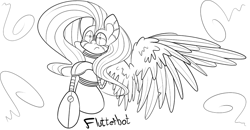 Size: 1280x664 | Tagged: safe, artist:extradan, fluttershy, pegasus, pony, robot, flutterbot, monochrome, solo