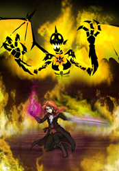 Size: 630x906 | Tagged: safe, artist:crydius, sunset shimmer, demon, human, badass, bloodborne, clothes, crossover, element of magic, fire, humanized, magic, story included, sword, weapon