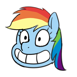Size: 400x400 | Tagged: safe, anonymous artist, derpibooru import, rainbow dash, pegasus, pony, bust, calarts, creepy, grin, grinning potato, hilarious in hindsight, parody, portrait, simple background, smiling, solo, style emulation, thin-line style, white background