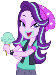 Size: 470x626 | Tagged: safe, artist:thebar, starlight glimmer, equestria girls, mirror magic, spoiler:eqg specials, beanie, bedroom eyes, clothes, female, food, hand on hip, hat, ice cream, looking at you, messy eating, open mouth, simple background, solo, transparent background, vector, vest, watch, wristwatch