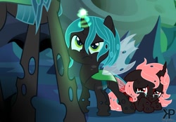 Size: 1280x889 | Tagged: safe, artist:kittypaintyt, queen chrysalis, oc, oc:iridessa, oc:julius, changeling, changeling queen, changeling oc, crying, next generation, parent:queen chrysalis, red changeling