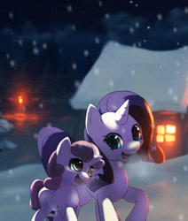 Size: 902x1062 | Tagged: safe, artist:apricolor, rarity, sweetie belle, pony, unicorn, duo, female, horn, looking at each other, open mouth, smiling, snow, snowfall