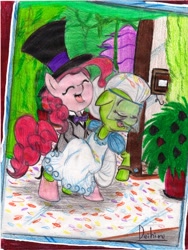 Size: 2448x3252 | Tagged: safe, artist:deihiru, granny smith, pinkie pie, earth pony, pony, clothes, crack shipping, dress, grannypie, hat, suit, top hat, wedding dress, wedding ring