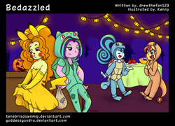 Size: 1024x736 | Tagged: safe, artist:goddessgoodra, adagio dazzle, aria blaze, sonata dusk, sunset shimmer, pikachu, comic:bedazzled, equestria girls, adoragio, ariabetes, bulbasaur, charmander, clothes, costume, cute, halloween, lantern, pokémon, squirtle, the dazzlings