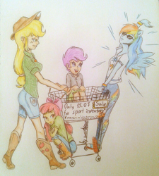 Size: 1536x1705 | Tagged: safe, artist:marta4708, derpibooru import, apple bloom, applejack, rainbow dash, scootaloo, equestria girls, boots, converse, ponied up, shoes, shopping cart, traditional art