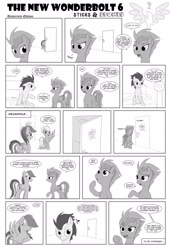 Size: 1600x2344 | Tagged: safe, artist:marmorexx, derpibooru import, fleetfoot, rainbow dash, soarin', spitfire, pegasus, pony, comic:the new wonderbolt, implied shipping, implied soarindash, implied straight, monochrome