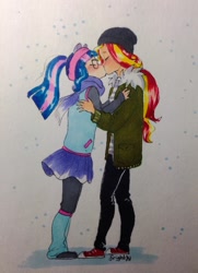 Size: 929x1280 | Tagged: safe, artist:theorderofalisikus, sci-twi, sunset shimmer, twilight sparkle, human, beanie, clothes, coat, converse, eyes closed, female, glasses, hat, humanized, kissing, lesbian, pants, scarf, scitwishimmer, shipping, shoes, skirt, sneakers, snow, snowfall, sunsetsparkle