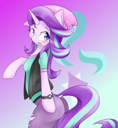 Size: 1200x1300 | Tagged: safe, artist:azurepicker, starlight glimmer, anthro, semi-anthro, unicorn, arm hooves, ass, beanie, blushing, clothes, cute, cutie mark background, dock, equestria girls outfit, female, glimmerbetes, gradient background, hat, mare, solo