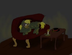 Size: 1024x791 | Tagged: safe, artist:novasaxon, derpy hooves, pegasus, pony, candle, female, gas mask, hat, mare, sofa, solo, table