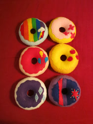 Size: 675x900 | Tagged: safe, artist:saltandpuff, derpibooru import, applejack, fluttershy, pinkie pie, rainbow dash, rarity, twilight sparkle, craft, donut, donutified, mane six, no pony