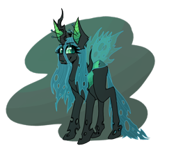 Size: 1000x850 | Tagged: safe, artist:uwus, queen chrysalis, changeling, changeling queen, changeling horn, changeling wings, fangs, glowing ears, holes, horn, insect wings, simple background, smiling, solo, tattered, tattered wings, transparent background, wings