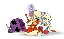 Size: 1172x707 | Tagged: safe, artist:nun2artzy, derpibooru import, applejack, fluttershy, rainbow dash, earth pony, pegasus, pony, beholder, crossover, female, fighter, final fantasy, floppy ears, healing potion, health potion, hooves, mare, monk, sick, white mage, wings