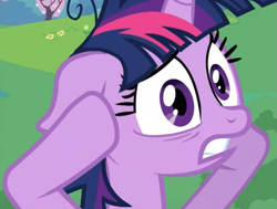 Size: 591x446 | Tagged: safe, derpibooru import, screencap, twilight sparkle, lesson zero, reaction image, solo, twilight snapple