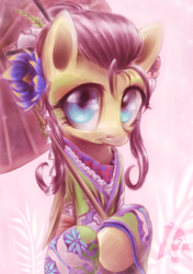 Size: 4169x5906 | Tagged: safe, artist:rouletteobsidian, fluttershy, pegasus, pony, absurd resolution, clothes, female, kimono (clothing), kimono hime, looking at you, mare, solo, umbrella