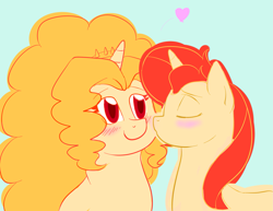 Size: 1953x1505 | Tagged: safe, artist:catlover1672, adagio dazzle, sunset shimmer, pony, unicorn, equestria girls, blushing, clothes, equestria girls ponified, eyes closed, female, heart, kissing, lesbian, mare, ponified, shipping, smiling, sunsagio, unidagio