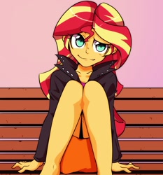 Size: 700x750 | Tagged: safe, artist:setoya, sunset shimmer, equestria girls, bare legs, bench, clothes, cute, jacket, leather jacket, legs, looking at you, skirt, smiling, solo