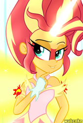 Size: 1024x1502 | Tagged: safe, artist:wubcakeva, sunset shimmer, equestria girls, friendship games, bare shoulders, clothes, daydream shimmer, fingerless gloves, gloves, lip bite, sleeveless, solo, strapless