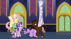 Size: 1024x570 | Tagged: safe, artist:arcgaming91, fluttershy, spike, starlight glimmer, twilight sparkle, twilight sparkle (alicorn), oc, oc:smash gamer, alicorn, dragon, pegasus, pony, pony creator, blank flank