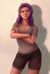 Size: 1992x2930 | Tagged: safe, artist:starblaze25, starlight glimmer, human, alternate hairstyle, clothes, crossed arms, female, humanized, realistic, shirt, shorts, simple background, solo