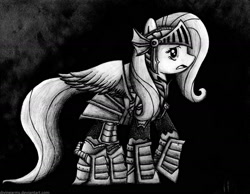 Size: 1612x1252 | Tagged: safe, artist:divinearms, fluttershy, pegasus, pony, armor, monochrome, solo, traditional art