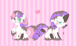 Size: 740x440 | Tagged: safe, artist:x0x0-x0x0, rarity, sweetie belle, pony, unicorn, :p, dirty, female, filly, heart, mare, mud, pixiv, siblings, sisters, tongue out, unamused