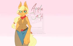 Size: 1024x654 | Tagged: safe, artist:marthisaur, applejack, anthro, solo, watermark