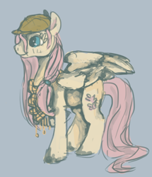 Size: 490x571 | Tagged: safe, artist:weepysheep, fluttershy, pegasus, pony, cap, clothes, gray background, hat, neckerchief, simple background, smiling, solo