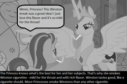 Size: 684x453 | Tagged: safe, screencap, princess celestia, starlight glimmer, alicorn, pony, 1950s, advertisement, cigarette, meta, monochrome, smoking