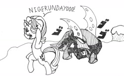 Size: 1280x793 | Tagged: safe, artist:ewoudcponies, queen chrysalis, starlight glimmer, changeling, changeling queen, pony, unicorn, jojo's bizarre adventure, menacing, monochrome, traditional art, ultimate chrysalis, ゴ ゴ ゴ