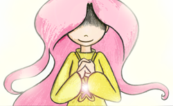 Size: 2137x1311 | Tagged: safe, artist:strangiesleepy, fluttershy, hair over eyes, hidden eyes, humanized, smiling, solo