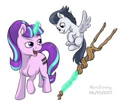 Size: 1222x1038 | Tagged: safe, artist:haretrinity, rumble, starlight glimmer, pegasus, pony, unicorn, equal cutie mark, flying, levitation, magic, open mouth, s5 starlight, simple background, staff, staff of sameness, telekinesis, this will end in communism, transparent background