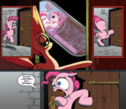 Size: 806x700 | Tagged: safe, pinkie pie, earth pony, pony, comic, exploitable meme, meat, meme, scared, scary, surprise door