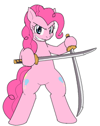 Size: 740x936 | Tagged: safe, artist:tetsutowa, pinkie pie, pony, badass, bipedal, dual wield, katana, my battle pony, pixiv, simple background, solo, sword, weapon, white background