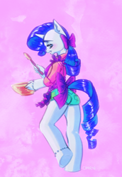 Size: 560x815 | Tagged: safe, artist:just chien, rarity, anthro, apron, bedroom eyes, bow, clothes, cooking, looking at you, looking back, ribbon, shorts, solo