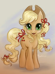 Size: 359x480 | Tagged: safe, artist:turonie, applejack, earth pony, pony, looking at you, ribbon, solo