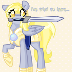 Size: 750x750 | Tagged: safe, artist:nyanpegasus, derpy hooves, pegasus, pony, ask-princessderpy, female, mare, mouth hold, solo, sword, tumblr