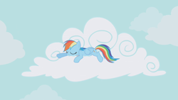 Size: 1280x720 | Tagged: safe, derpibooru import, screencap, rainbow dash, pegasus, pony, griffon the brush off, cloud, cloudy, cutie mark, eyes closed, female, hooves, lying on a cloud, mare, on a cloud, prone, sleeping, sleepydash, smiling, solo, wings