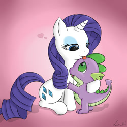 Size: 1000x1000 | Tagged: safe, artist:liz_art, rarity, spike, dragon, pony, unicorn, licking, shipping, sparity, spikelove